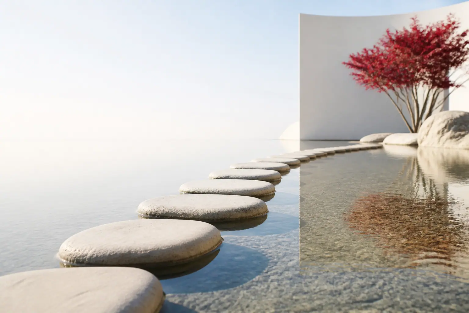 Smooth pale stepping stones curving across shallow, still water toward a white wall and a red-leaved tree.
