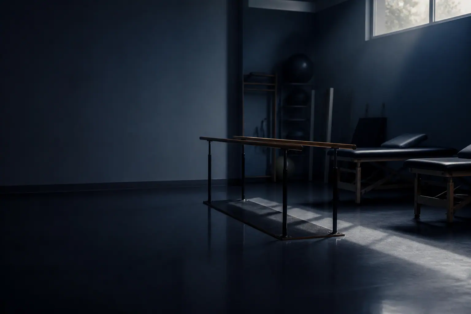 An empty outpatient therapy gym before opening, parallel bars and treatment plinths lit by daylight from a high window.